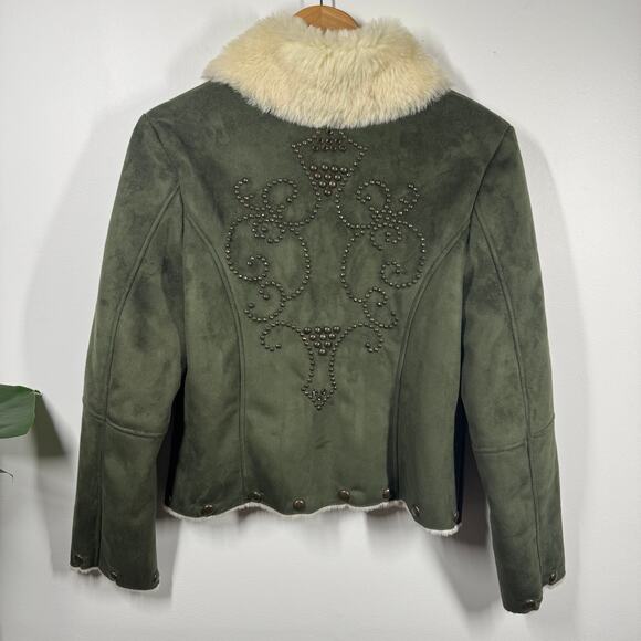 Bejeweled by Susan Fixel Jacket Women S Faux Suede Olive Green Military Y2K - Picture 2 of 9
